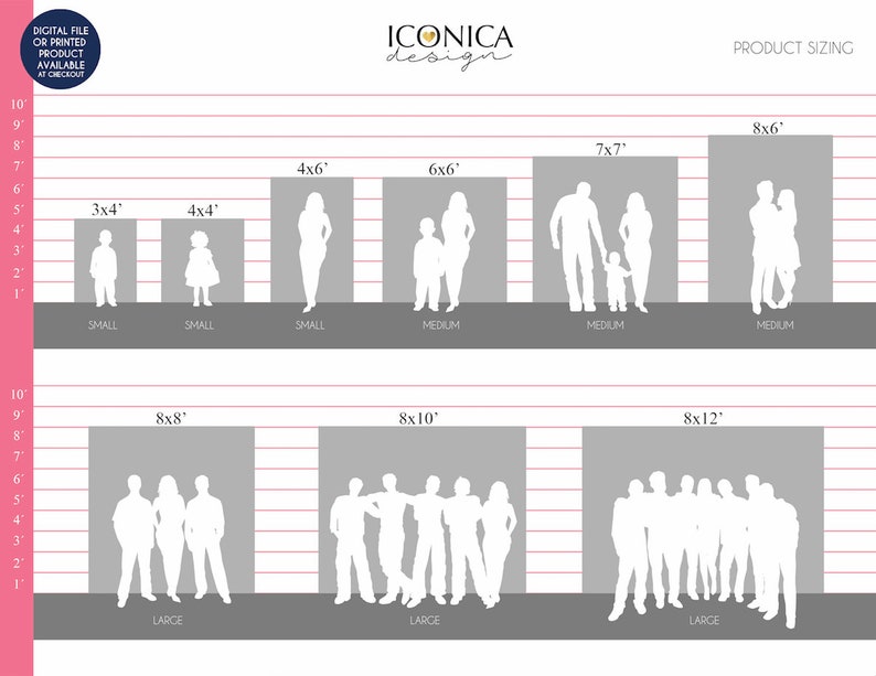 May include: A chart showing different sizes of backdrops for photography, with silhouettes of people to show scale. The sizes range from 3x4 feet to 8x12 feet.