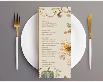 Herbst Thanksgiving-Dinner-Menükarte, Herbst-Party-Menü, druckbare digitale Datei oder gedruckte Menüs