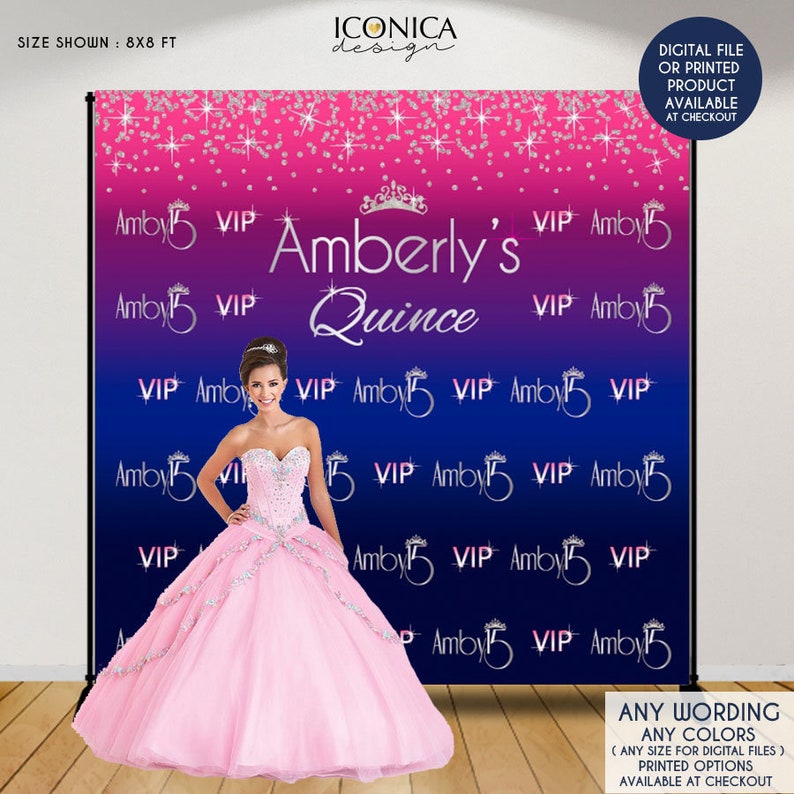 Quinceanera Photo Booth Backdrop, Princess Backdrop, Custom Step and Repeat banner, any age and wording, Printed or Printable image 1