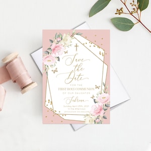 Prima Comunione Save the Date Card, Giardino floreale rosa e oro Design moderno, Religioso salva la data Design