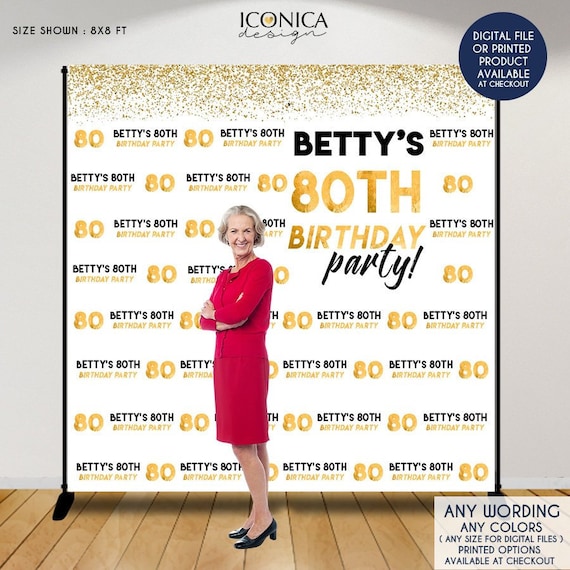 Birthday Photo Booth Backdrop, 80th Birthday Party Decor, white and Gold backdrop, any age or color, Printed or Printable File BBD0142 Il_570xn