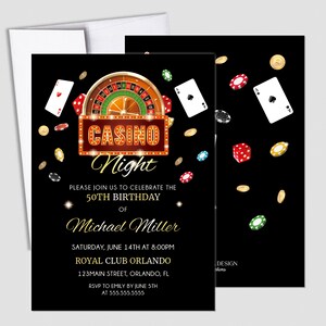 May include: Black casino night invitation with a roulette wheel, playing cards, dice, and poker chips. The invitation reads "Casino Night" and includes event details for a 50th birthday celebration.