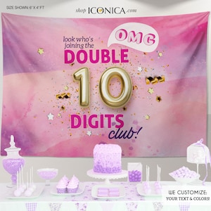 Double digits birthday decorations, 10th birthday backdrop, 10 double digits banner, tie dye backdrop, 10th birthday decorations image 1