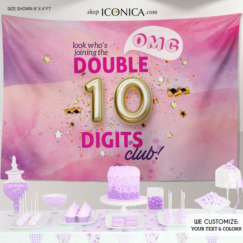 Double digits birthday decorations, 10th birthday backdrop, 10 double digits banner, tie dye backdrop, 10th birthday decorations image 1