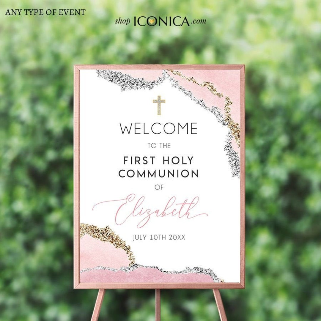 First Communion Welcome Sign Personalized First Communion Welcome Sign | Pink Geode & Gold - Etsy