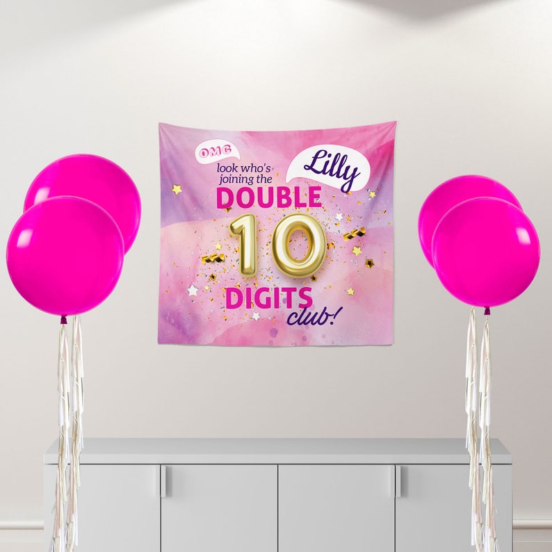 Double digits birthday decorations, 10th birthday backdrop, 10 double digits banner, tie dye backdrop, 10th birthday decorations image 2