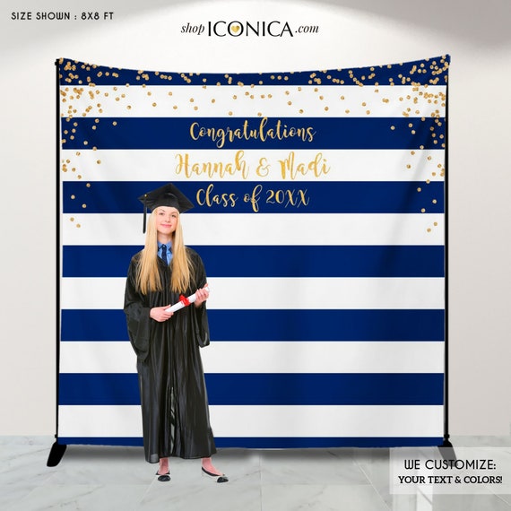Graduation Party Photo Booth Backdrop, Virtual Graduation, Navy Blue Stripes Graduation Step and Repeat, Any color, Congrats Grad BGR0018 Il_570xn