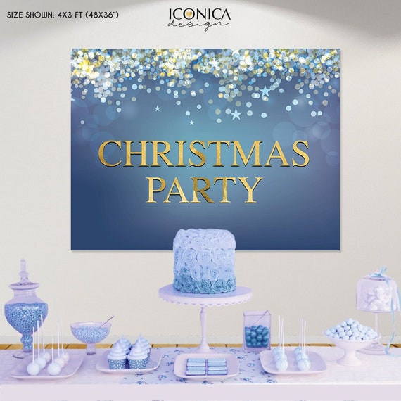 Holiday Party Backdrop, Blue Gold Silver Sparkles, Blue Christmas Party