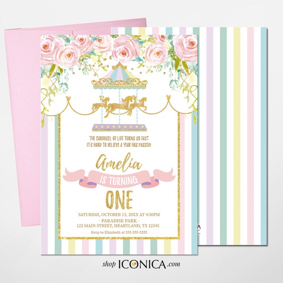 Carousel Birthday Invitation, Carousel Invite, Circus Girl Invitation, Any Age, Any Event, Pastel Colors, Printed Or Printable File Ibd0013 Il_570xn