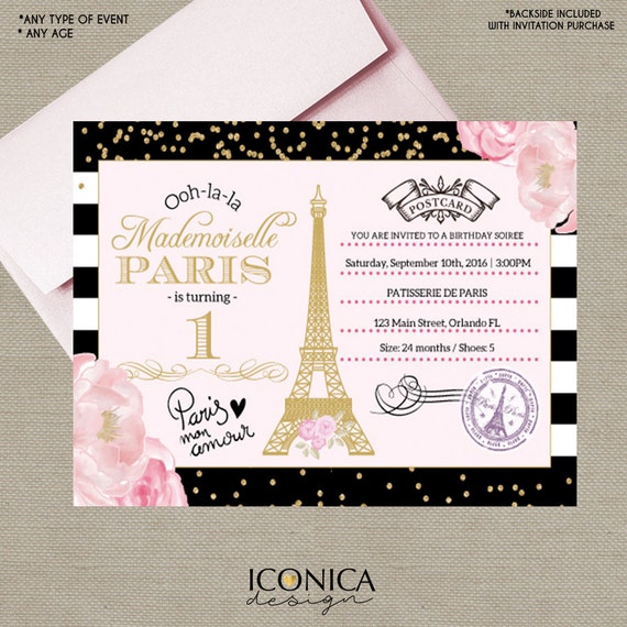 Paris First Birthday Invitation Black White Stripes Gold Glitter