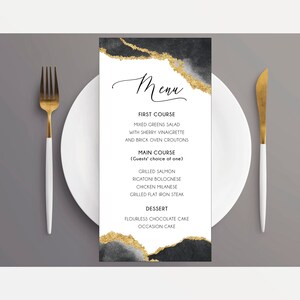 Geode Menu Card 9.25 x 4 Printed Menus Black Gold Silver , Elegant Menu Stationery, More colors available