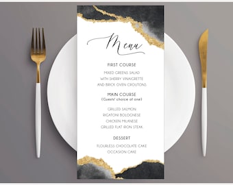 Geode Menu Card 9.25 x 4 Printed Menus Black Gold Silver , Elegant Menu Stationery, More colors available