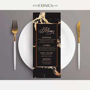 Marbled Menu Card Black and gold 9.25 x 4 Printed Menus, Birthday Stationery, 40th birthday menu, {marbled Collection}