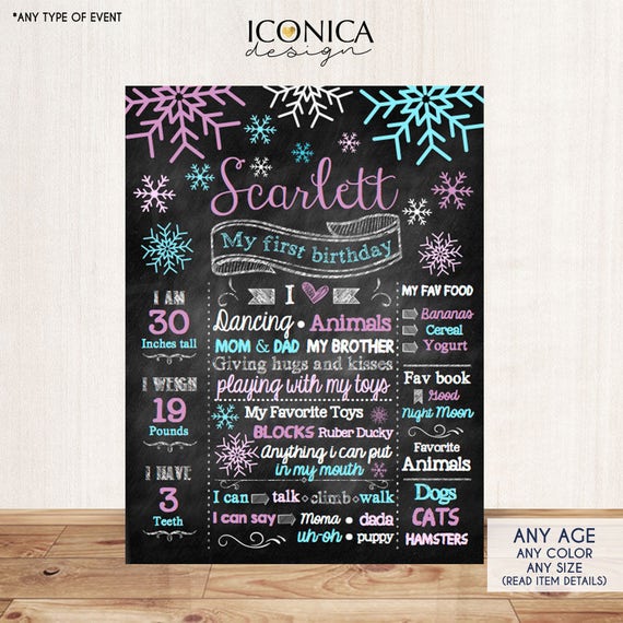 Winter Wonderland First Birthday Chalkboard Sign Birthday Poster, Snowflakes, Purple and Blue, Holiday Birthday, Printed or Printable File Il_570xn