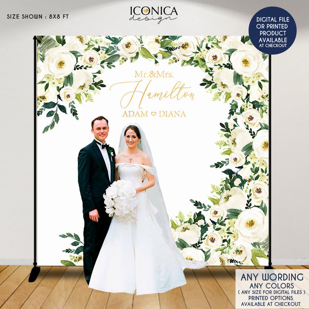 Personalized Wedding Photo Booth Backdrop, White Flowers, Greenery