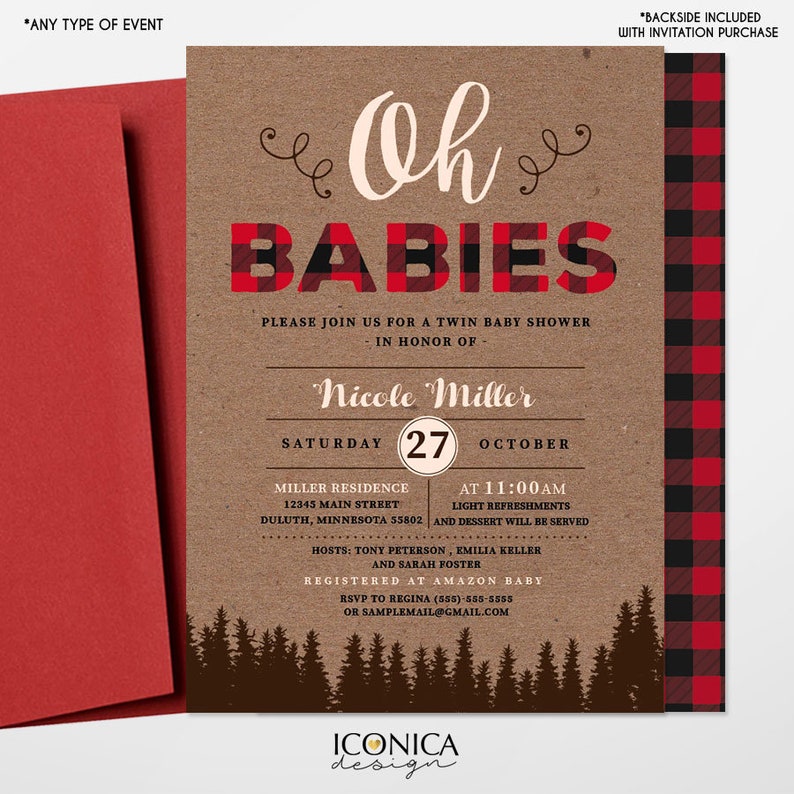 Lumberjack Baby Shower Invitation, Twin Baby Shower, Buffalo check Invitation, Oh Babies invitation, Baby Boy, Free Shipping IBS0026 image 2