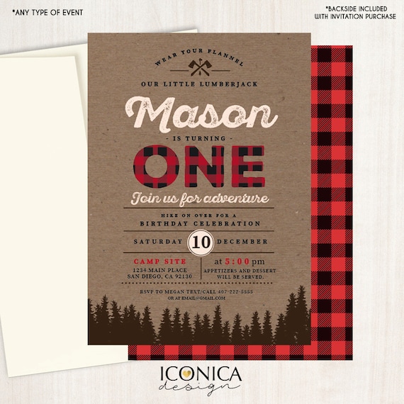 Lumberjack First Birthday Invitation Buffalo Plaid Wilderness Lumberjack Invitation - Printed or ...