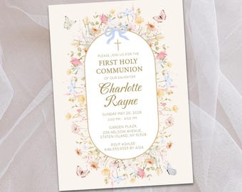 Wildflower First Communion Invitation Girl, Butterfly and Bow Design, Personalized