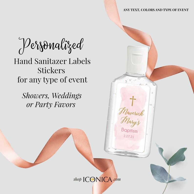 40 Personalized Labels Printed 1 w x 2h Hand Sanitizer Labels Fits Purell 1oz Communion Labels Pink Watercolor Antibacterial Label Design image 3