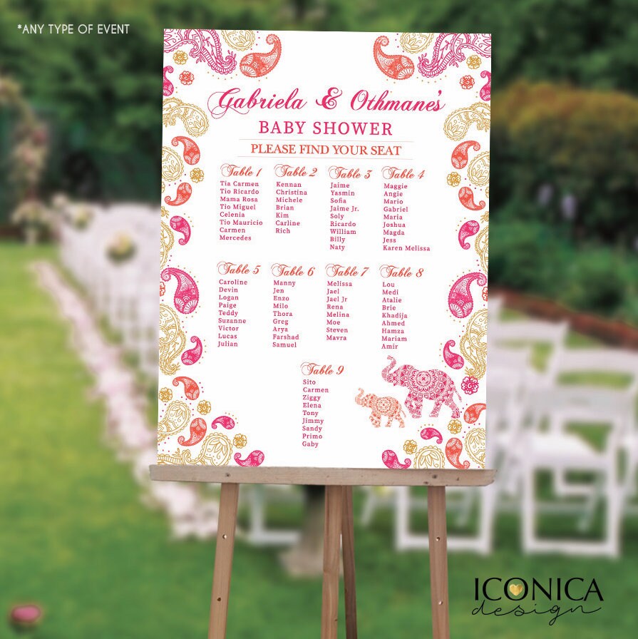 Moroccan BABY SHOWER Seating Chart Board, Moroccan Seating Chart, Elephant Baby Shower Guest List Chart , Any Color