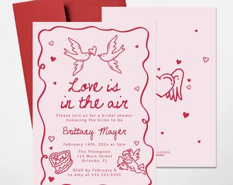 Love is in the air Bridal Shower Invitation | Valentine’s Day Bridal Shower Invite | Love Theme Invitation | Red Heart Bridal Invite
