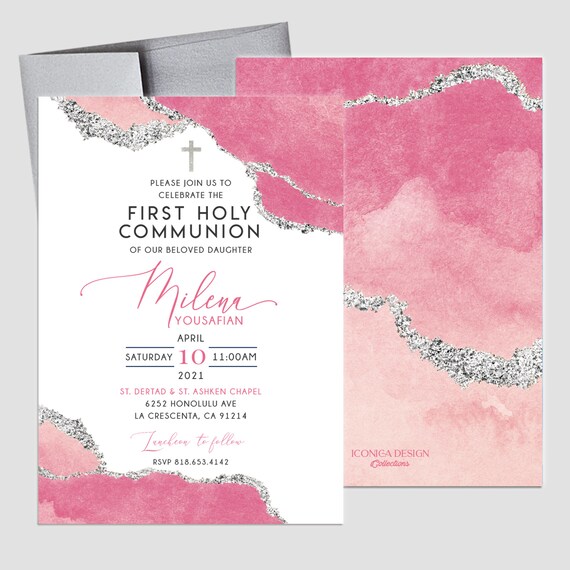 First Communion Invitation Girl or Boy Geode Elegant Invitations,Pink Watercolor Geode Invitation,Any Religious Event,More colors available Il_570xn