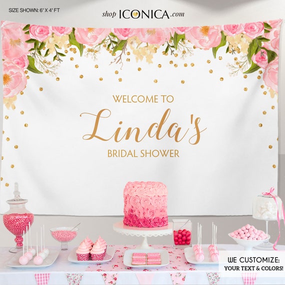Floral Bridal Shower Backdrop, Gold And Pink Dessert Table Banner Any Event Watercolor Flowers Garden Printed Or Printable File Bbr0002 Il_570xn