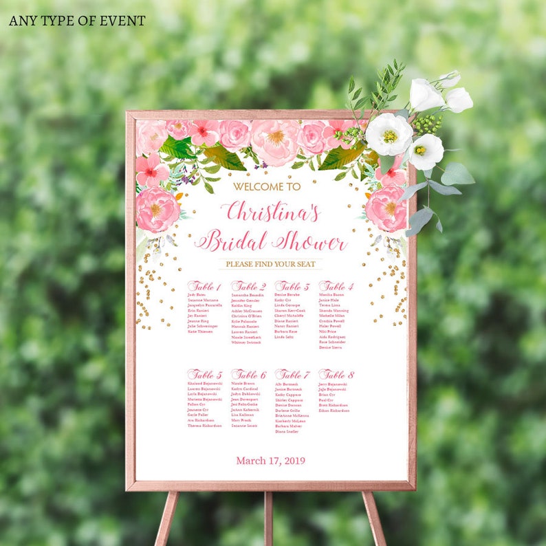 Bridal Shower Seating Chart Board Floral Pink Gold Decor Etsy