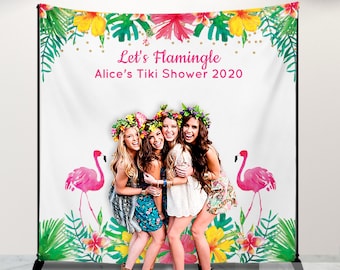 Flamingo Party Backdrop - Tropical Luau Photo Booth Backdrop - Let's Flamingle - Tiki Party Pool Party Printed Or Printable File BAE0007