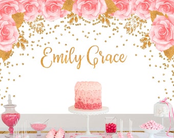 Virtual Baby Shower Baby Shower Backdrop, Pink Flowers and Gold Faux Glitter Decor, any wording, Printed Or Printable File BBR0030
