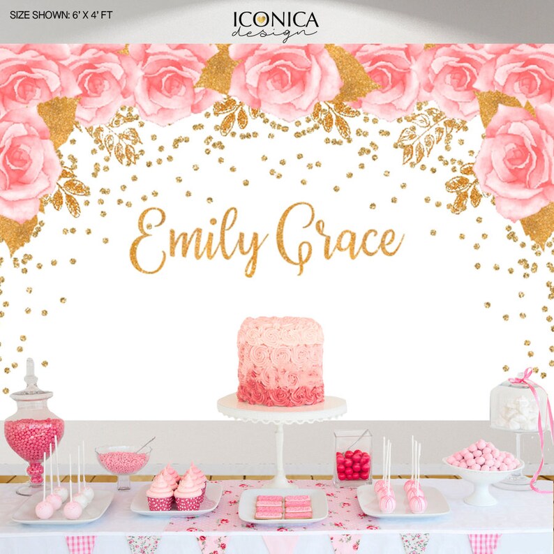 Baby Shower Backdrop Pink Flowers And Gold Faux Glitter Etsy