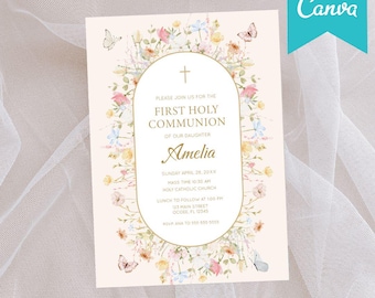 Floral Butterfly First Communion Invitation, Wildflower Holy Communion Invite, Elegant Religious Card (Digital Download)