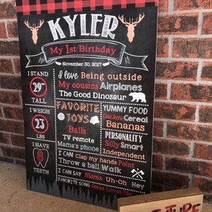 May include: A chalkboard-style sign for a first birthday, featuring the name "Kyler" and details like height (29 inches), weight (23 lbs), and favorite things. A wooden block with "ADVENTURE" is in front.