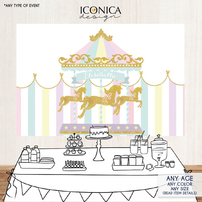 Carousel 1st Birthday Party Backdrop, silver glitter, silver and blue, boy Colors, first birthday, Circus Banner, Printed or Printable File image 8