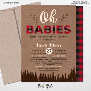 Lumberjack Baby Shower Invitation, Twin Baby Shower, Buffalo check Invitation, Oh Babies invitation, Baby Boy, Free Shipping IBS0026 imagem 4