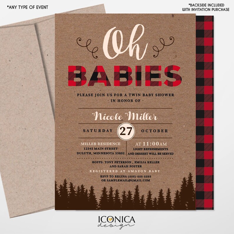 Lumberjack Baby Shower Invitation, Twin Baby Shower, Buffalo check Invitation, Oh Babies invitation, Baby Boy, Free Shipping IBS0026 zdjęcie 4