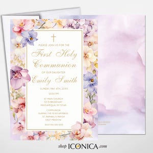 Erstkommunion oder Konfirmation Einladung für Mädchen, elegante Orchideen lila Blumenmuster, personalisierte Einladungen für alle besonderen Anlässe
