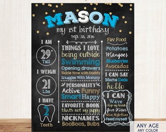 Boy First Birthday Poster Party Blue And Gold Chalkboard Sign Birthday Poster Boy Blue Party Sign Any Color Printed - Printable File CBD0006