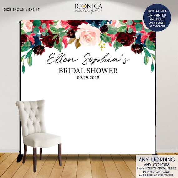 Bridal Shower backdrop Wedding Backdrop Floral Backdrop Burgundy Navy Watercolor Personalized step and repeat Engagement {AVA Collection} Il_570xn