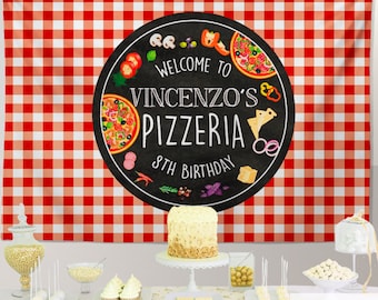 May include: A red and white checkered backdrop with a black circle in the center. The circle has a chalkboard texture and says "Welcome to Vincenzo's Pizzeria 8th Birthday" with pizza and pizza toppings around the text.