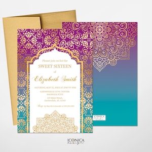 Moroccan Sweet Sixteen Invitation,Gold Purple and Teal, Indian Party, Etnic Party, Arabian Invitations, Printed Or Printable File IBS0029