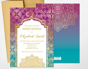 Moroccan Sweet Sixteen Invitation,Gold Purple and Teal, Indian Party, Etnic Party, Arabian Invitations, Printed Or Printable File IBS0029
