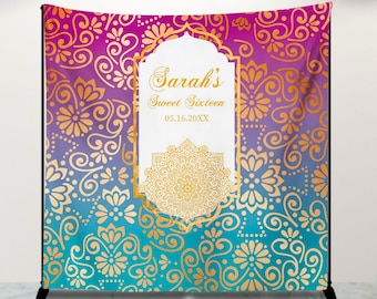 Moroccan Sweet Sixteen Backdrop,Arabian Nights,Henna Party,Muslim wedding,Hindu wedding,Purple Teal Party Decor, Printed Or Printable File
