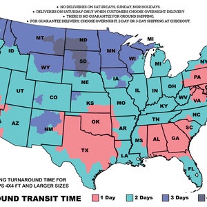 Pu&ograve; includere: Una mappa degli Stati Uniti che mostra i tempi di transito terrestre per fondali di grandi dimensioni. La mappa &egrave; codificata a colori in base al tempo di transito: 1 giorno (rosa), 2 giorni (azzurro chiaro), 3 giorni (viola) e 4 giorni (blu scuro).