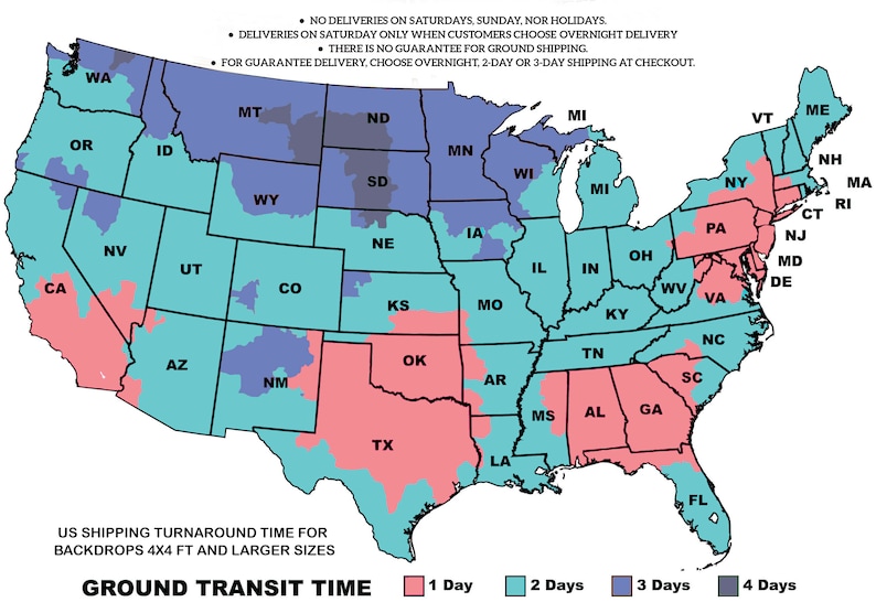 Pu&ograve; includere: Una mappa degli Stati Uniti che mostra i tempi di transito terrestre per fondali di grandi dimensioni. La mappa &egrave; codificata a colori in base al tempo di transito: 1 giorno (rosa), 2 giorni (azzurro chiaro), 3 giorni (viola) e 4 giorni (blu scuro).