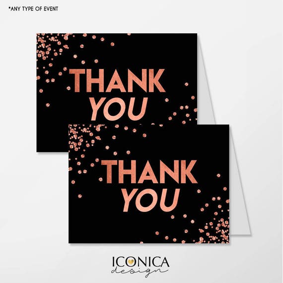 Thank you cards set Of 10/A2 Folded/Black and Rose Gold Confetti Collection, White Or Cream Envelopes Included/Non Personalized Il_570xn