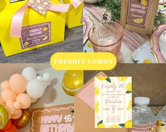 Lemon Theme Party Decor Bundle – Yellow Pink Hand-Painted Style (Digital Files)