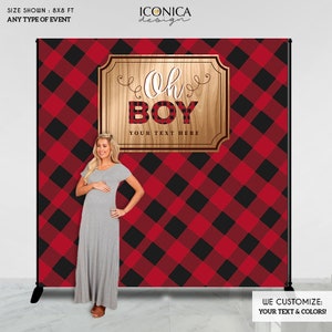 Lumberjack Baby Shower Backdrop Oh Boy Personalized Buffalo Plaid vinyl banner decor, buffalo plaid party backdrop, Holiday Plaid, BBD0149 image 2