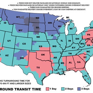 以下が含まれることがあります： アメリカ合衆国の地図で、FedEx Groundの配送時間を示しています。地図は配送時間別に色分けされています。1日（ピンク）、2日（水色）、3日（濃い青）、4日（灰色）。