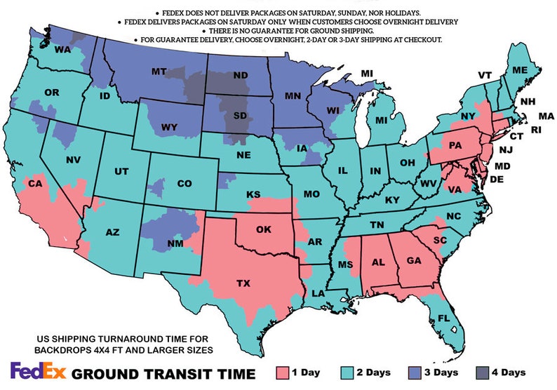 以下が含まれることがあります： アメリカ合衆国の地図で、FedEx Groundの配送時間を示しています。地図は配送時間別に色分けされています。1日（ピンク）、2日（水色）、3日（濃い青）、4日（灰色）。